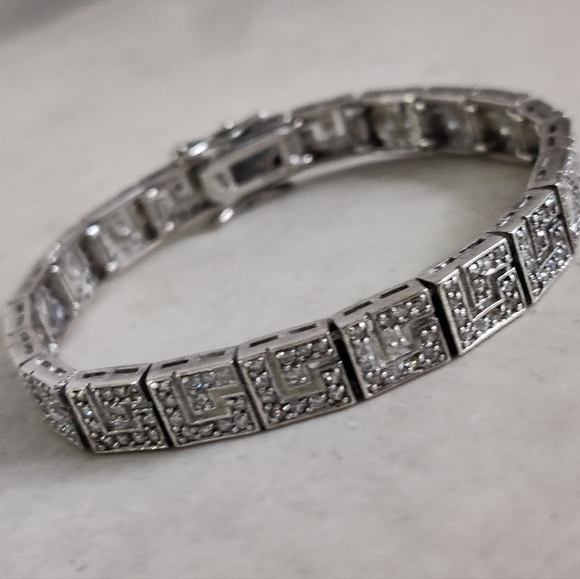 Sterling Silver and Clear Crystals Bracelet with Geometric Greek Key Design - Picture 6 of 16
